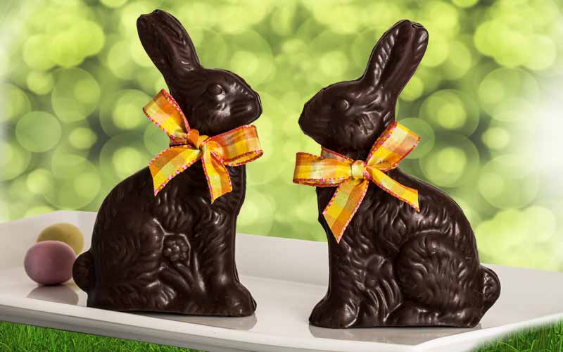 Two chocolate bunnies with festive Easter ribbons sitting on a white platter with speckled eggs and a green grassy background.