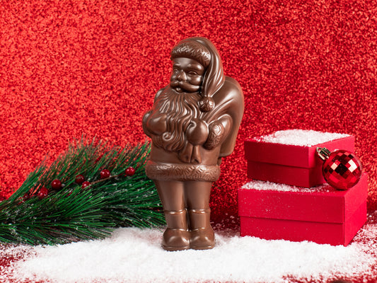 A molded chocolate Santa with Toy Sack over his shoulder.