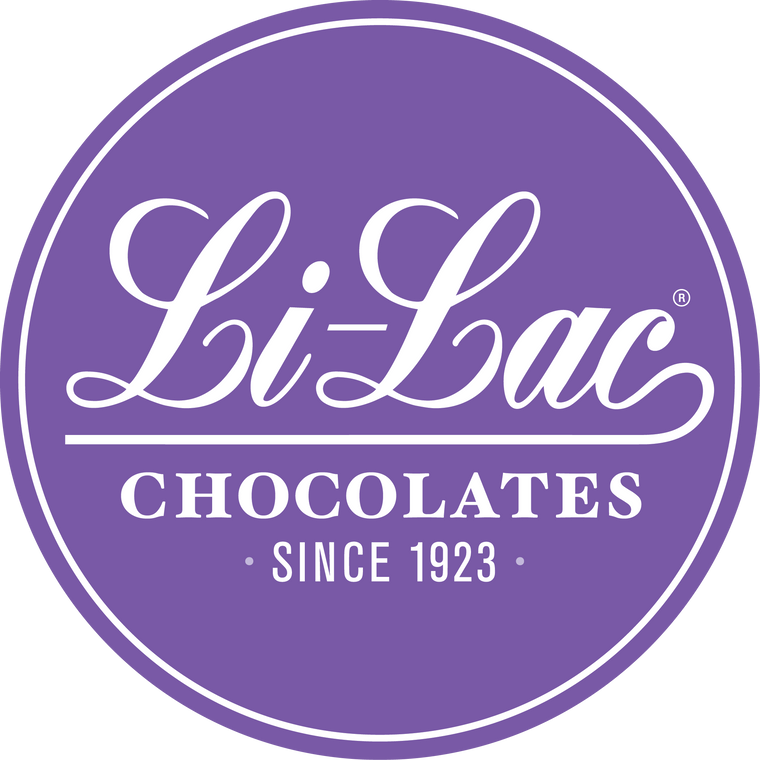 Li-Lac Chocolates since 1923 - Logo is white text on a circular, purple background