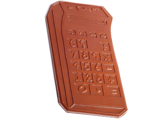 A two-dimensional chocolate calculator, the numbered buttons and display screen are molded into the surface for real-life detail.