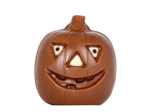 A cute little three-dimensional molded chooclate jack-o-lantern.